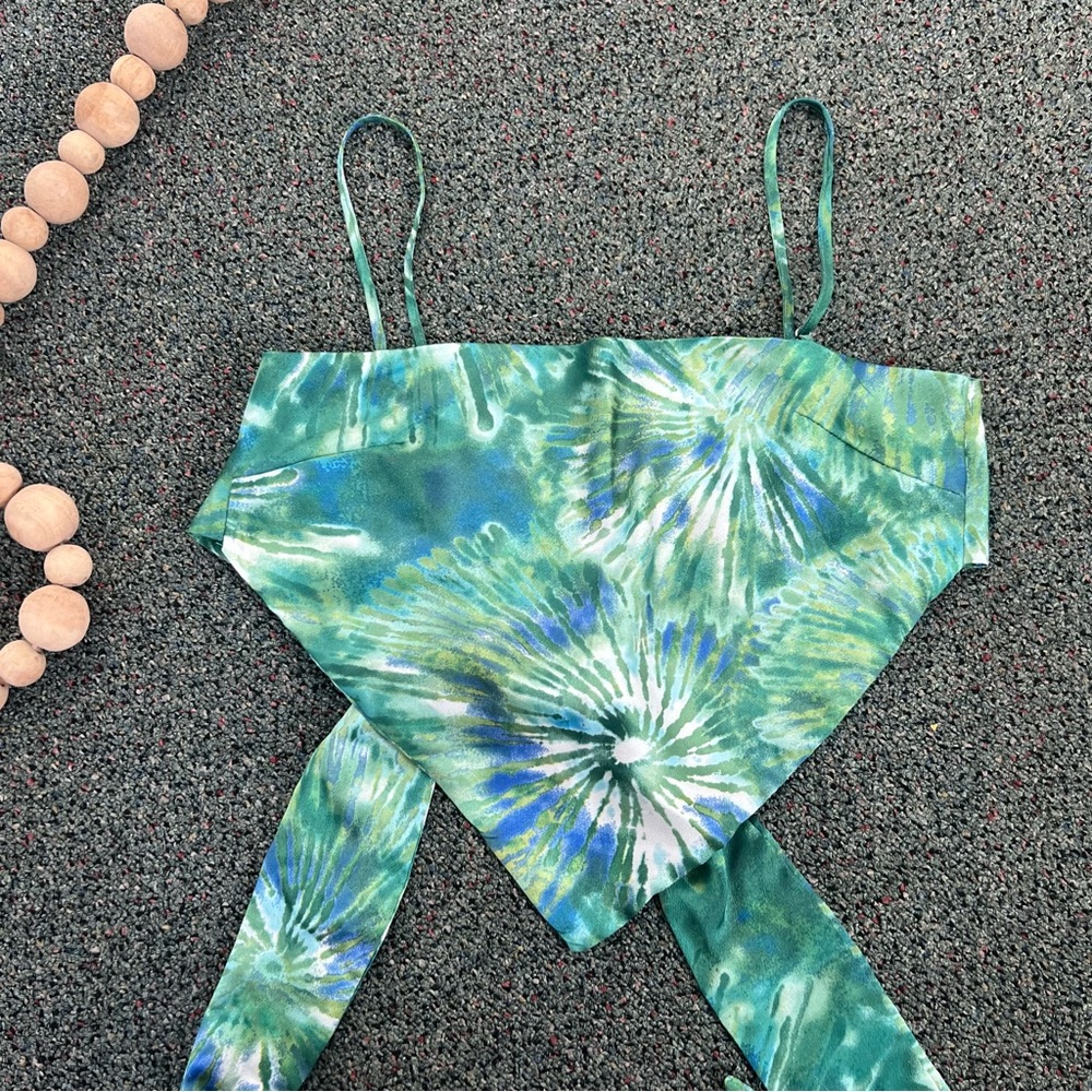 SHEIN Green & Blue Tie Dye Handkerchief Bow Spaghetti Strap Tank Top Shirt Sz S